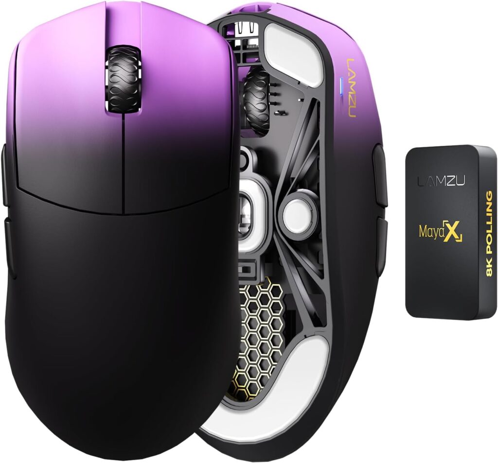 Lamzu Maya X Wireless Gaming Mouse, Ultra Lightweight 47g, Optical Switch, Maximum 30000 DPI, Symmetrical, MCU Nordic 52840, Dust-Proof Encoder, PAW3950 Sensor(Larger Maya) (Purple)