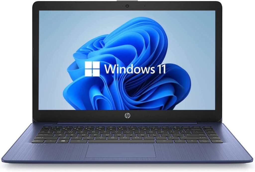 HP 14″ HD Laptop, Windows 11, Intel Celeron Dual-Core Processor Up to 2.60GHz, 4GB RAM, 64GB SSD, Webcam, Dale Blue (Renewed)