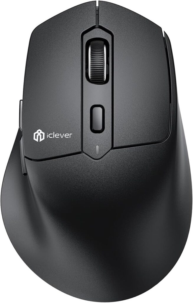iClever MD360 Ergonomic Bluetooth Mouse with Mouse Jiggler, Wireless Rechargeable Mouse for 3 Devices (BT/2.4G), 4 DPI Settings, Compatible with iPad, Mac, PC