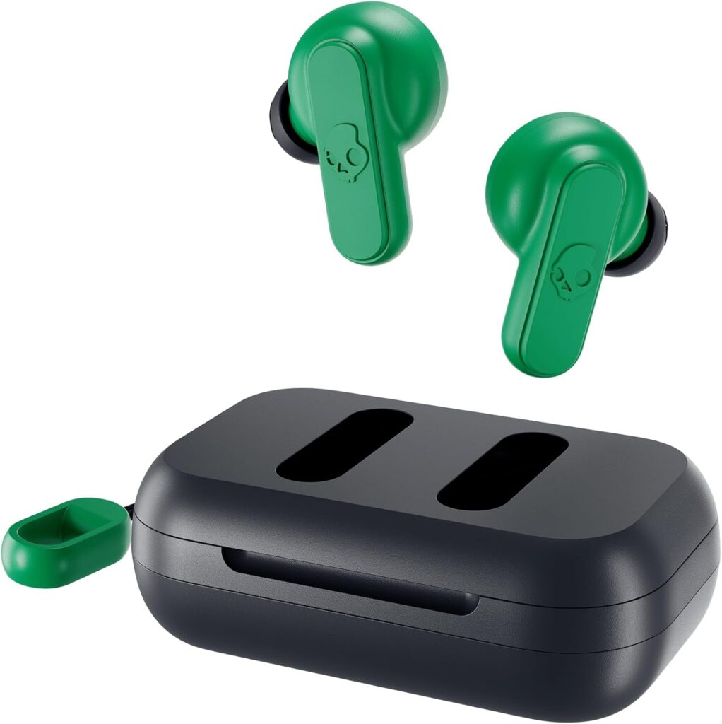 Skullcandy Dime 2 Wireless Earbuds, Bluetooth Headphones, Noise Isolating Fit, Up to 12 Hours Battery, Microphone for iPhone Android, Easy Carry with Integrated Lanyard – Dark Blue/Green