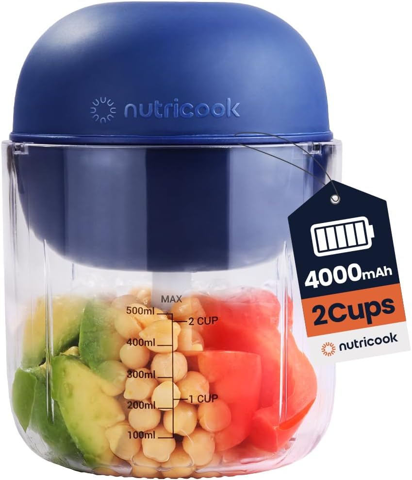 Nutricook Choppi Cordless Electric Vegetable Chopper & Mini Food Processor for Dicing, Shredding, Mincing, and Puree, Portable and Rechargeable, 2-Cup, 500 mL, 4000 mAh Battery, Blue