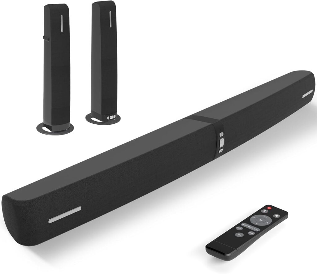 Sound Bar for Smart TV,90W Soundbar with Bluetooth/ARC/Optical/AUX Connect, Auto Volume Boost, 3 Customizable Equalizer Modes, 2 in 1 Detachable Soundbar for TV/PC/Gaming/Projectors