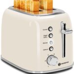 Aigostar Toaster 2 Slice, Retro Extra-Wide Slot Toasters Best Rated Prime for Toasting Bagels, Breads, Waffles & More, Cancel, Defrost & 6 Browning, Removable Crumb Tray, Stainless Steel, Cream White