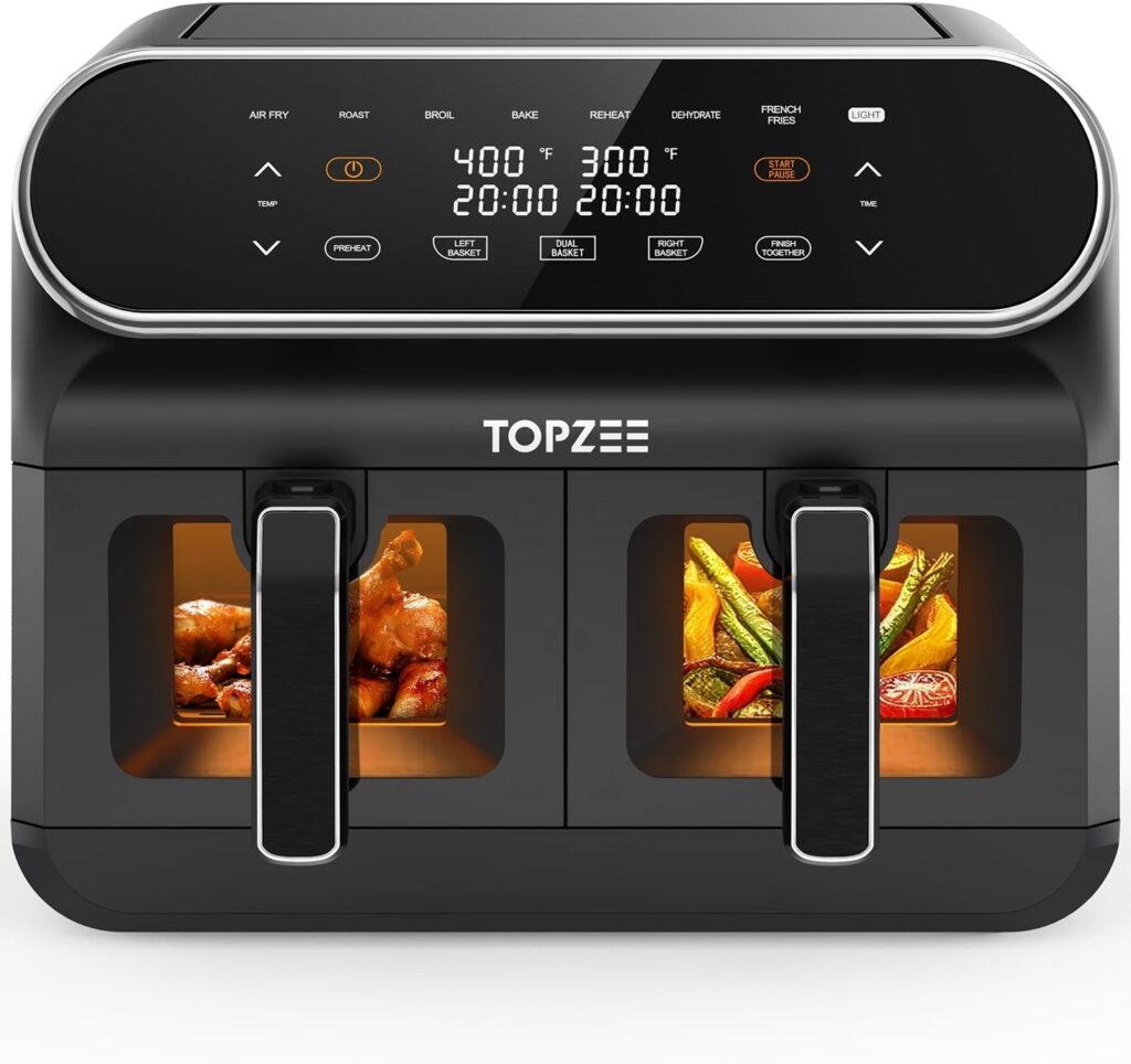 TOPZEE 8 Quart Large Air Fryer – Dual Basket Airfryer with Easy View Windows, Preheat, Air Fry, Roast, Broil, Bake, Dehydrate, 2 Independent 4 QT Nonstick Dishwasher Safe Baskets, Black