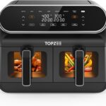 TOPZEE 8 Quart Large Air Fryer – Dual Basket Airfryer with Easy View Windows, Preheat, Air Fry, Roast, Broil, Bake, Dehydrate, 2 Independent 4 QT Nonstick Dishwasher Safe Baskets, Black