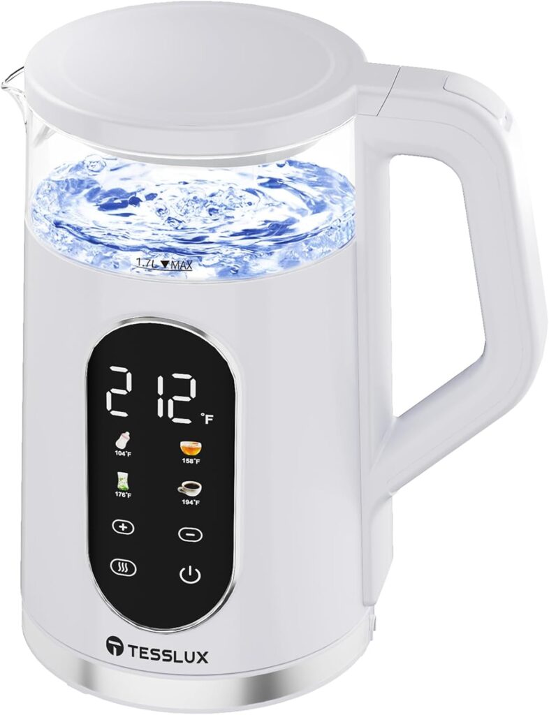 Electric Kettle, 1500W Fast Boiling Glass Water Kettle with Temperature Control, 1.7L Cordless Stainless Steel Base, Keep Warm & Auto Shut-Off, BPA-Free, White