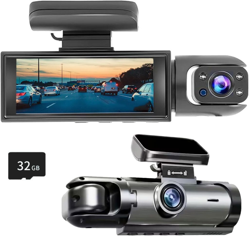 1080P Dual Camera Dash Cam for Cars, Driving Recorder with IR Night Vision, Loop Recording, Wide Angle Lens – 3.16 Inch IPS Screen,Parking Mode, Car Camera with 32GB TF Card