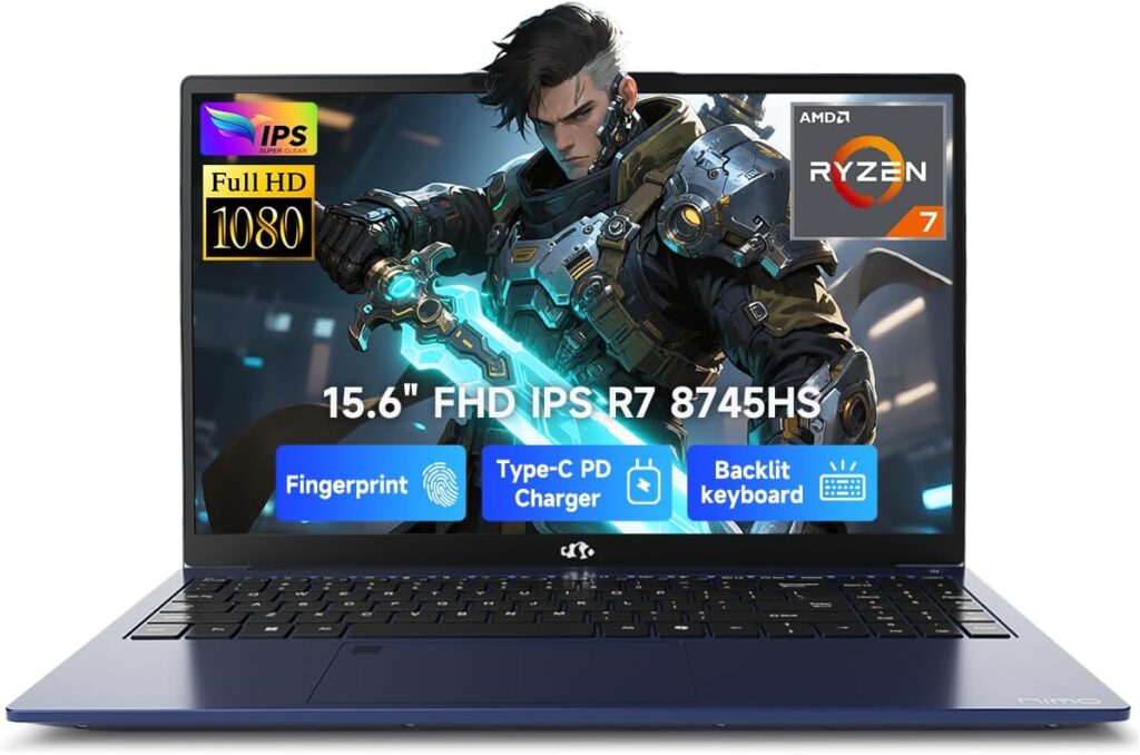 NIMO 15.6″ IPS FHD-Gaming-Laptop, AMD Ryzen 7 8745HS 32GB DDR5 RAM 1TB SSD (up to 4.9GHz) Radeon 780M Graphics Business Computer with 100W Type-C Backlit Keyboard, Fingerprint USB-C 4.0