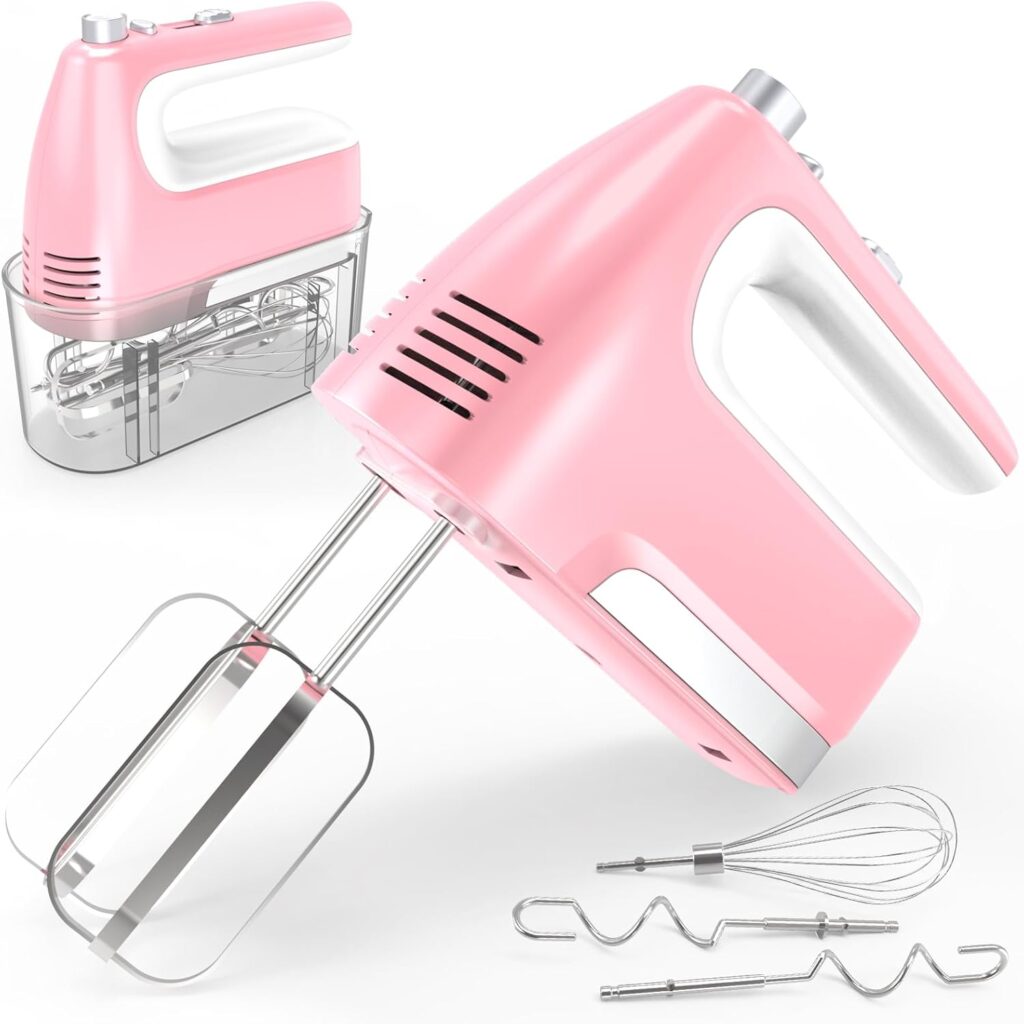 Hand Mixer Electric, 5-Speed Powerful 400W Motor, Hand Mixer Electric Handheld, Handheld Mixer with Turbo Boost & Storage Case, 2x Flat Beaters, 2x Dough Hooks, 1x Whisk for Baking (Pink)