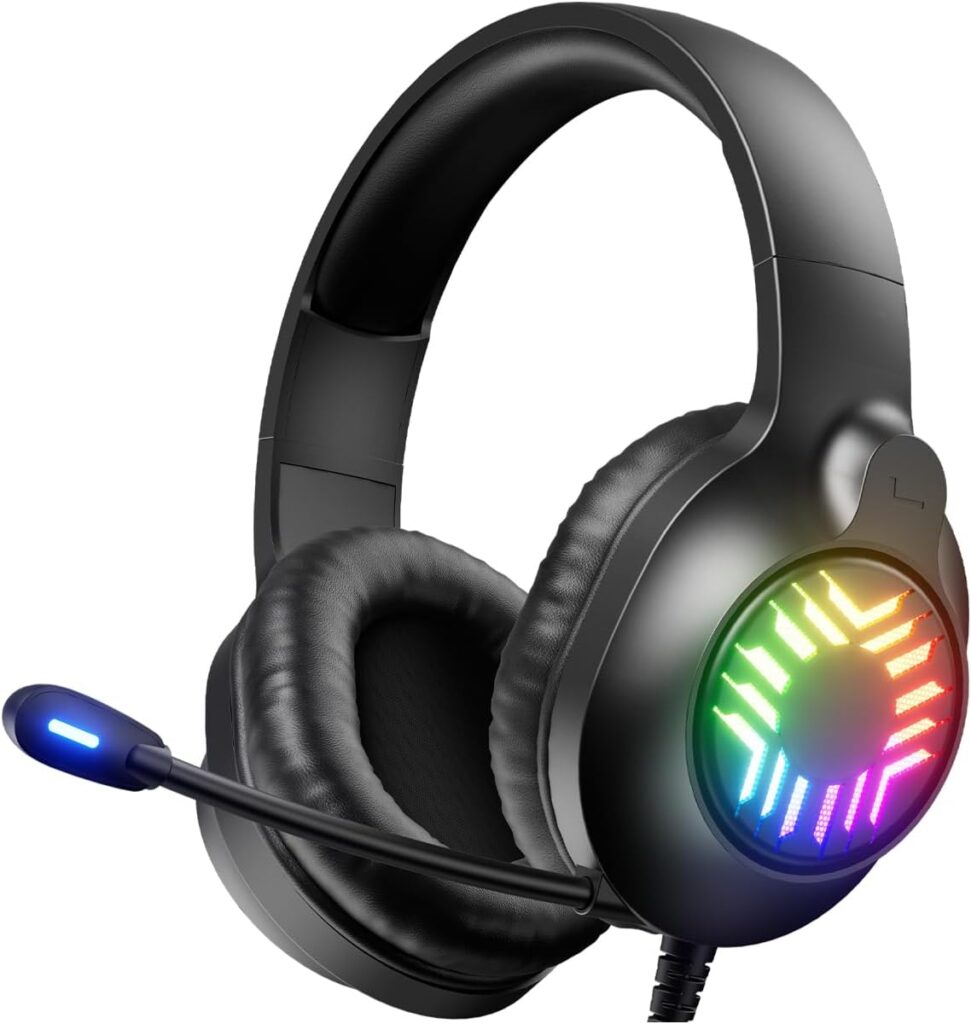 Stereo Gaming Headset, Wired Gaming Headphones Over Ear, Noise Cancelling Mic, 9 Colors Gradient RGB Ligh, Soft Memory Earmuffs for PC, Xbox One/Series PS5 PS4 Controllers, Nintendo (Black)