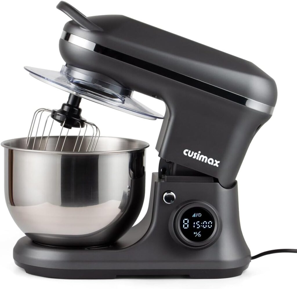 CUSIMAX Stand Mixer with Digital Switch Control Timer 15mins & 8-Speed, 5-Quart 650W kitchen Electric Mixer, Tilt-Head with handle Dough Mixer, Dough Hook, Wire Whip & Beater, Grey