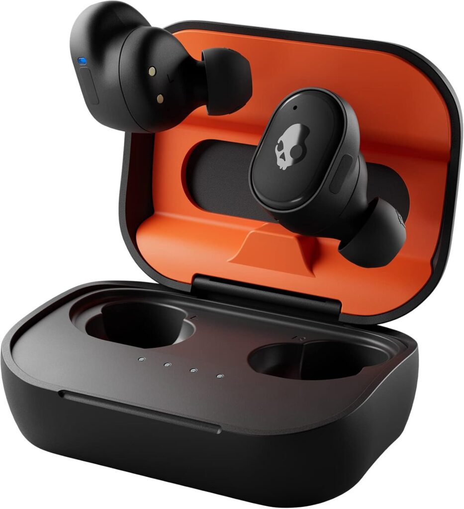Skullcandy Grind Fuel Wireless Earbuds, Bluetooth Headphones, Up to 40 Hours Battery, Noise Isolating Fit, Wireless Charging Case, Microphone, Customizable via Skull-iQ App – True Black/Orange