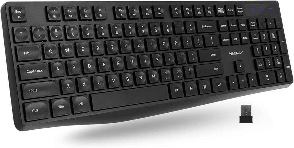 Macally Wireless Keyboard | 2.4G Computer Keyboard (Full Size, Quiet Keys) All Day Comfortable Typing with Wireless USB for Laptop, Desktop PC, Surface, Chromebook, Notebook