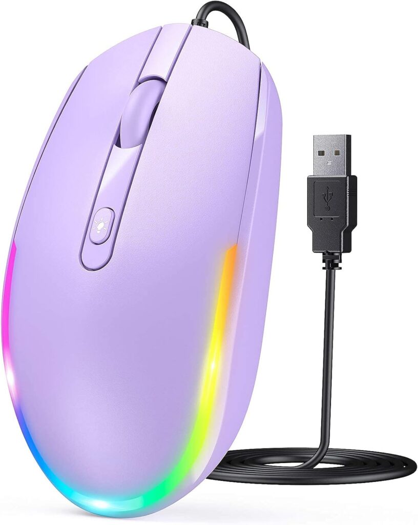 Seenda Wired Mouse – USB Computer Mouse with RGB Backlit Optical LED, Attached USB Cord for Laptops, Notebooks, Chromebook – Purple