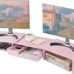 Dual Monitor Stand Riser with Drawer, Desk Organizer and Accessories, Pink Monitor Stand for Desk, Desktop Stand for Computer, Laptop, TV and More (Pink)
