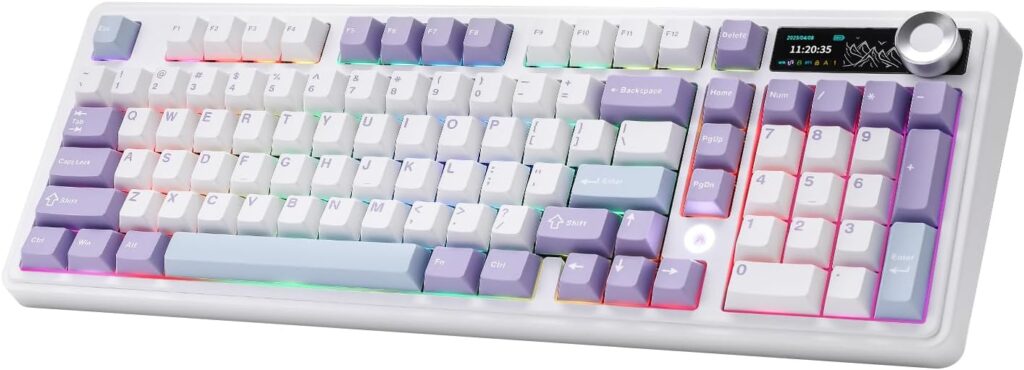 AJAZZ AK980 Mechanical Keyboard with Smart Display & Knob,98% Wireless Keyboard Tri-Mode BT/2.4G/USB-C, Hot Swappable, PBT Keycaps, with RGB Light for Win & Mac(Purple,Murad Switch)