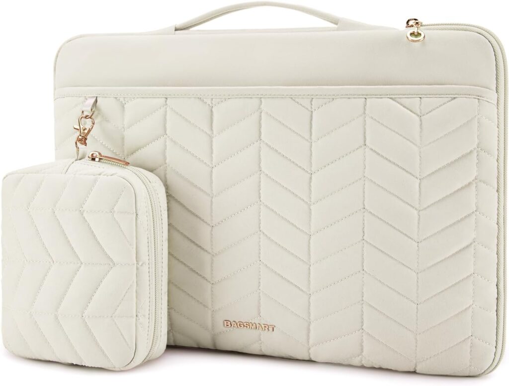 BAGSMART 15-15.6 Inch Laptop Case Sleeve for Women, Puffy Shockproof Laptop Bag with Accessories Pouch and Handle, Lightweight Computer Case Compatible with Dell, HP, MacBook Air/Pro, Natural Cream