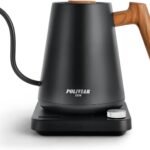 POLIVIAR Electric Gooseneck Kettle, 1350W Electric Tea Kettle Wood Pattern Handle, 34oz Pour Over Electric Kettle for Coffee & Tea, 18/8 Stainless Steel Inner, Temperature Control & Rapid Heating