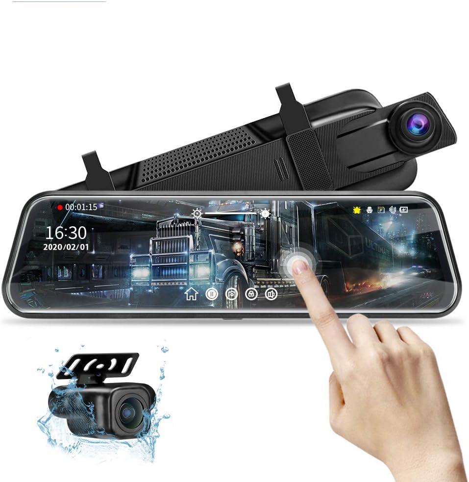 10” Mirror Dash Cam Night Vision 1080P FHD Full Touch Screen Front and Rear View Backup Camera for Cars Loop Recording Streaming Media 170°Wide Angle Parking Assistance with 10 Meters Cable