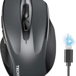 TECKNET Wireless Mouse (BT5.0/3.0 & 2.4G) Rechargeable 4800 DPI Silent USB A & Bluetooth Mouse 6 Buttons, Wide Compatibility – Grey