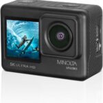 Minolta Action Camera – 5K Ultra HD at 30fps, 24MP Photos, 170° Wide-Angle Lens, Dual LCD Screens, Waterproof Case to 100ft, Wi-Fi Control, Sports Cam Kit (Black)