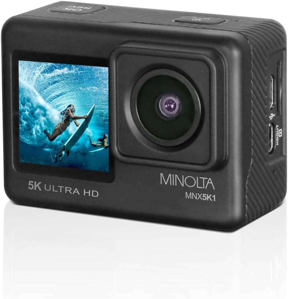 Minolta Action Camera – 5K Ultra HD at 30fps, 24MP Photos, 170° Wide-Angle Lens, Dual LCD Screens, Waterproof Case to 100ft, Wi-Fi Control, Sports Cam Kit (Black)