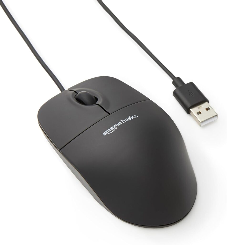 Amazon Basics 3-Button USB Wired Mouse with Scrolling and Tracking – Standard, Black