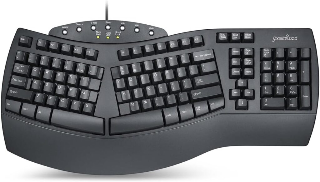 Perixx PERIBOARD-512B Wired Ergonomic Keyboard – Split Keyboard, Wrist Rest, Natural Typing – Wired USB Connectivity – US English – Black