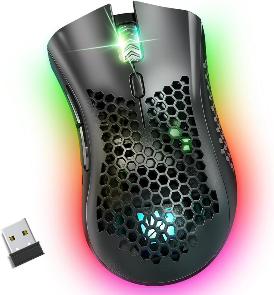 KM-1 Gaming Mouse, Wireless Mouse Gaming Computer Mice USB with Honeycomb Shell, 6 Programmed Buttons, 3 Adjustable DPI, Ergonomic RGB Optical Mouse for PC Mac Laptop