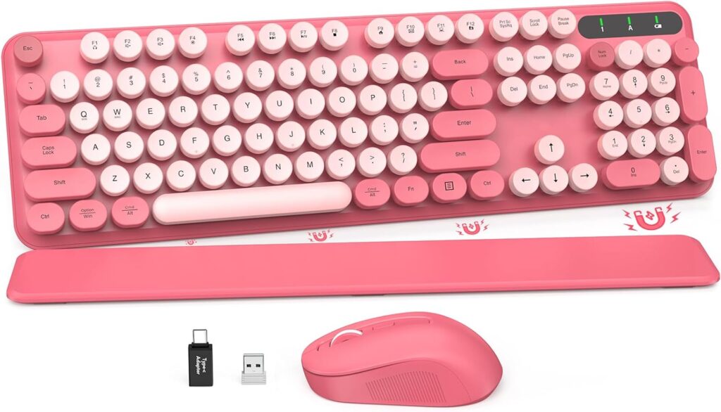 Wireless Keyboard and Mouse Combo – Round Keycaps, Full-Size Retro Typewriter Keyboard with Detachable Wrist Rest, Sleep Mode & Tilt Legs, 2.4GHz Cordless Connection for Mac/Windows/PC (Hot Pink)