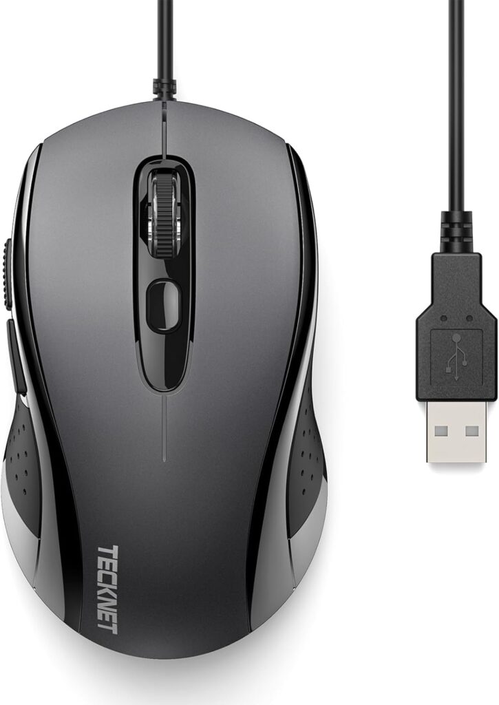 TECKNET Computer Wired Mouse, USB Mice for Laptop with 6-Button, 3600DPI Optical PC Wired Mouse, Home and Office 5FT USB-A Corded Comfortable Mice, Plug & Play, NO Battery Required-Grey