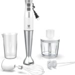 Immersion Hand Blender, UTALENT 5-in-1 8-Speed Immersion Blender with 500ml Food Grinder, 600ml Container,Milk Frother,Egg Whisk,Puree Infant Food, Smoothies, Sauces and Soups – White