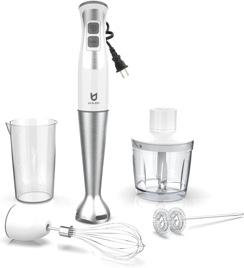 Immersion Hand Blender, UTALENT 5-in-1 8-Speed Immersion Blender with 500ml Food Grinder, 600ml Container,Milk Frother,Egg Whisk,Puree Infant Food, Smoothies, Sauces and Soups – White