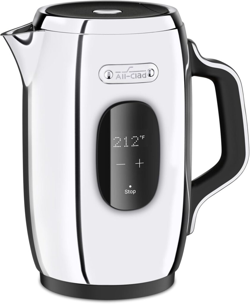 All-Clad Stainless Steel Kettle 1.5 Liter Keep Warm Function 1500 Watts Adjustable Temperature, Safe to Touch, Fast Boiling, Silver