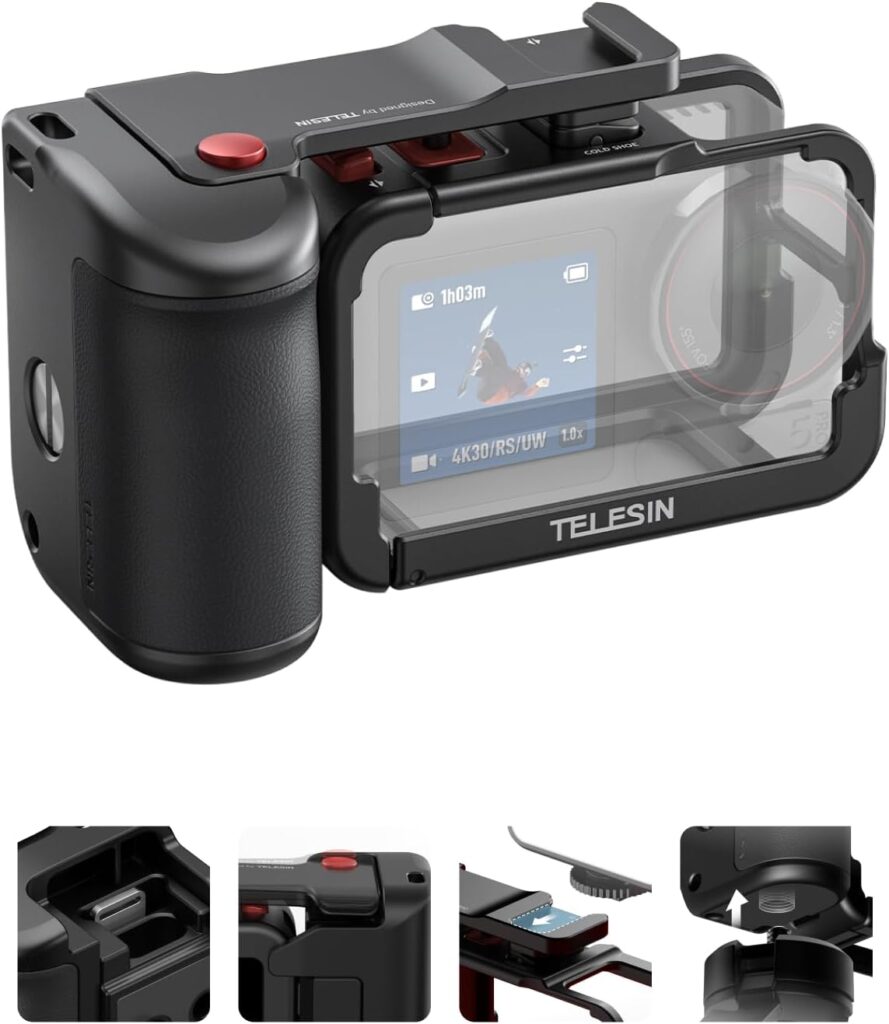 TELESIN Metal Aluminum Alloy Street Grip Kit for DJI OSMO Action 5 Pro/Action 4/Action 3, Camera Grip Handle Holder Set (Camera Grip + Ultra-Light Cage), Patented Seesaw Shutter Button, Ergonomic