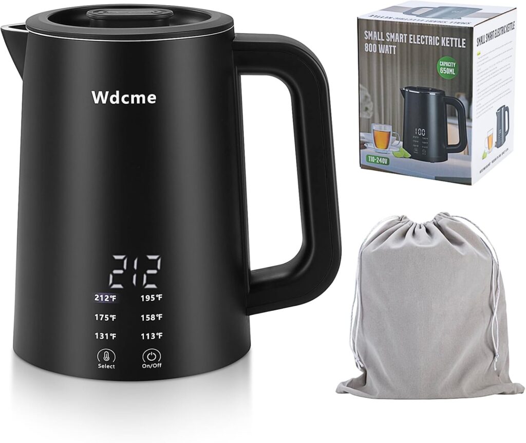 650ml Small Travel Electric Kettle 800W,6 Temperature Control Smart Teapot,Dual Voltage 110-240V Hot Water Boiler,12H Keep Warm,304 Stainless Steel Portable Mini Tea Kettle (Black)