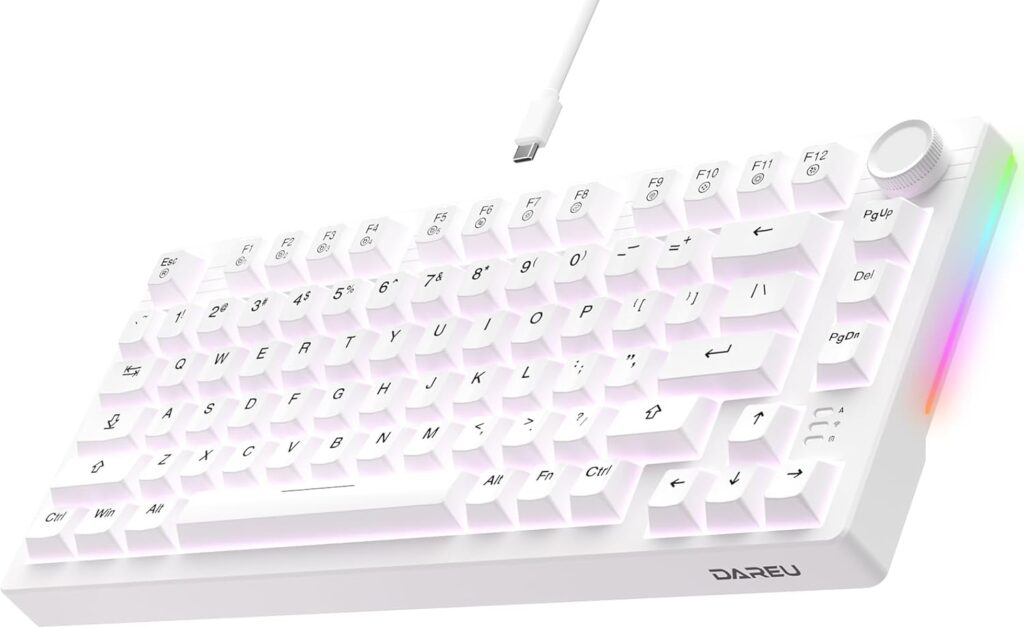 DAREU EK75 Wired Mechanical Keyboard,75% Keyboard with Volume Knob,Gasket Mount Mechanical Gaming Keyboards,81 Keys Rainbow Sidelit,PBT Keycaps,Linear Dream Switch for PC Laptop – White