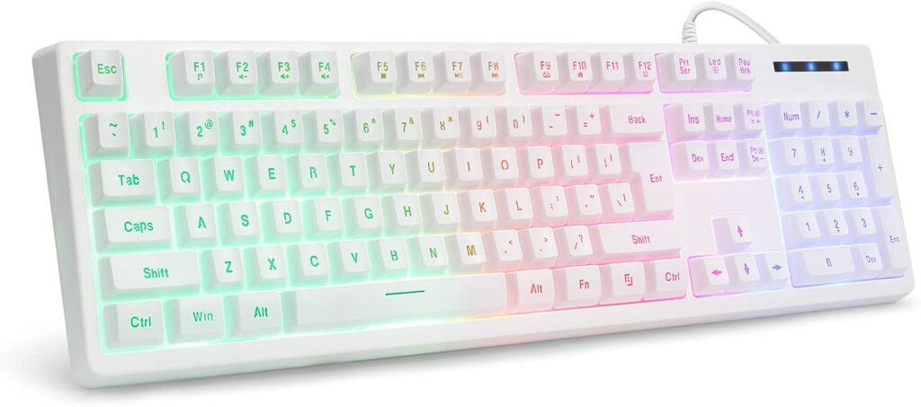 HUO JI White Gaming Keyboard USB Wired with Rainbow LED Backlit, Floating Keys, Mechanical Feeling, Spill Resistant, Ergonomic for Xbox, PS Series, Desktop, Computer, PC