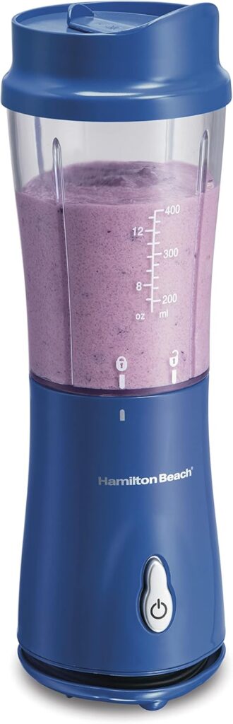 Hamilton Beach Portable Blender for Shakes and Smoothies, 14 Oz BPA Free Travel Cup & Lid, Durable Stainless Steel Blades, Personal Smoothie Blender, Blue, 51132G