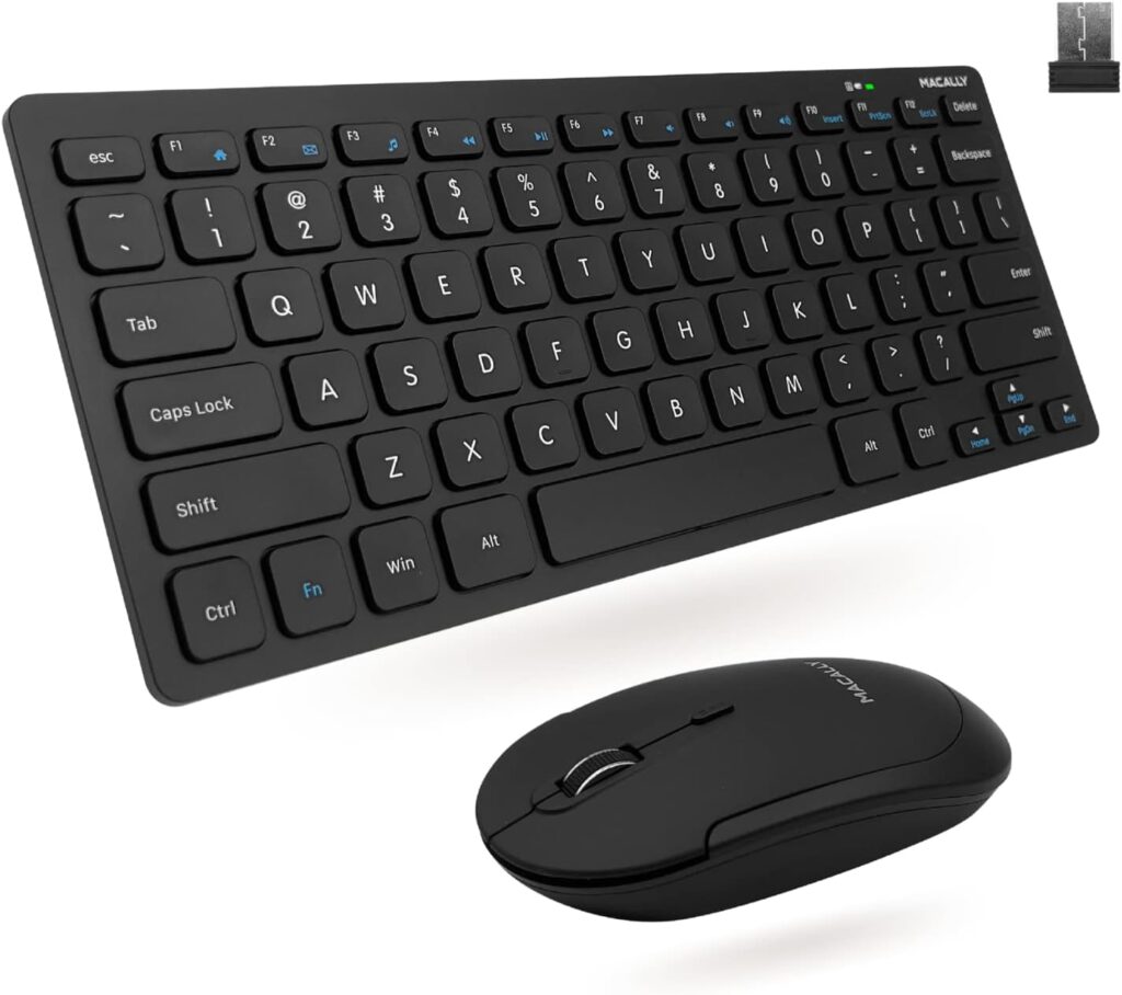 Macally Small Wireless Keyboard and Mouse Combo – An Essential Workspace Duo – 2.4G Wireless Keyboard Mouse for PC – 78 Key Mini Keyboard and Mouse with Slim Body, Quiet Click Buttons, and 3 DPI Modes