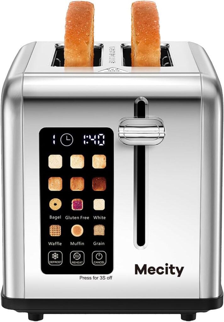 Mecity 2 Slice Toaster Touch Screen 1.5″ Wide Slot, Stainless Steel Smart Bread Toaster for Bagel Muffin Waffle Gluten Free Breads, Timer, Defrost, Reheat, 120V 825W