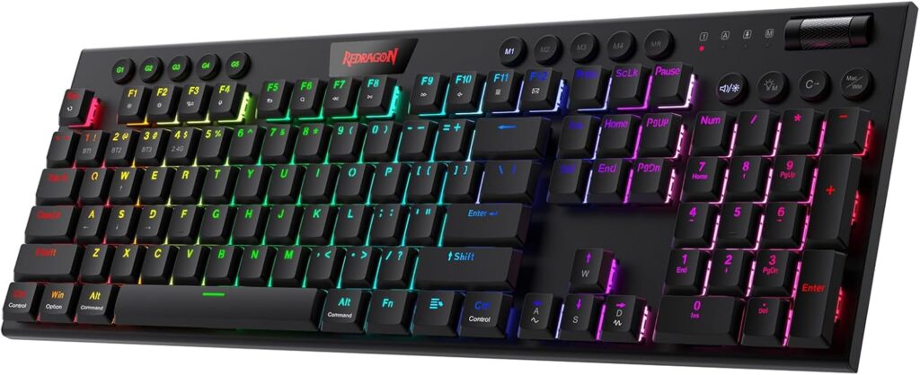 Redragon K618 PRO 3-Mode Wireless RGB Mechanical Keyboard, BT/2.4Ghz/Wired Low Profile Win/Mac Gaming Keyboard w/Ultra-Thin Design, Dedicated Media Control & Linear Red Switch
