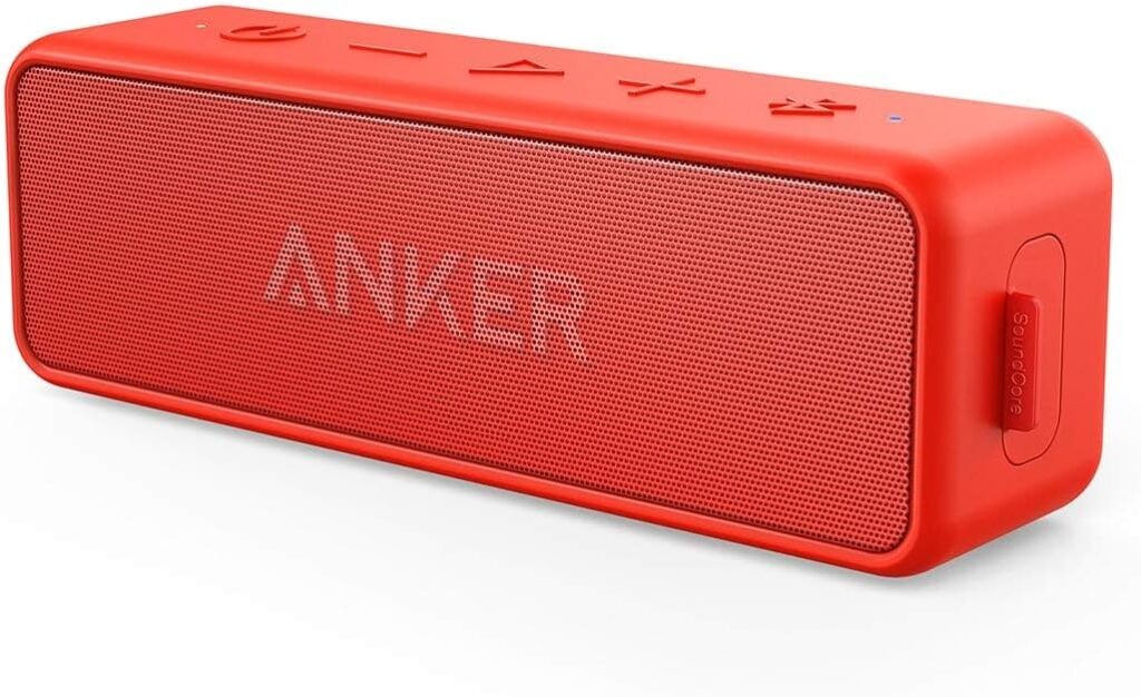 Anker SoundCore 2 Portable Bluetooth Speaker, Wireless, Enhanced Bass, 24-Hour Playtime, 66ft Range, IPX7 Water Resistant, Built-in Mic, Ideal for Travel, Compact and Easy to Use – Red