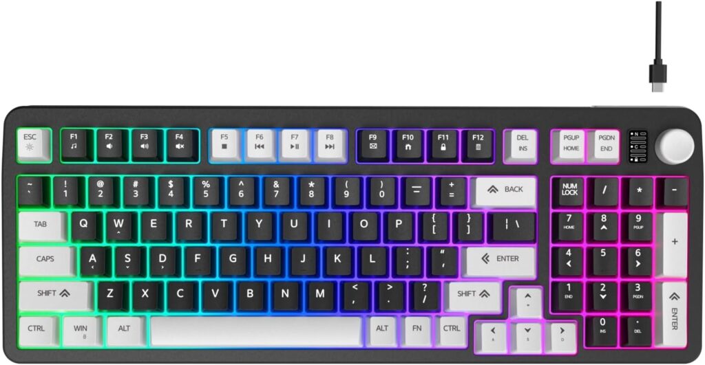 96% Wired Gaming Keyboard,Creamy Membrane Quiet Silent Keyboard with Number Pad & Volume Knob,Light Up Computer USB Teclado for PC Desktop Games Office