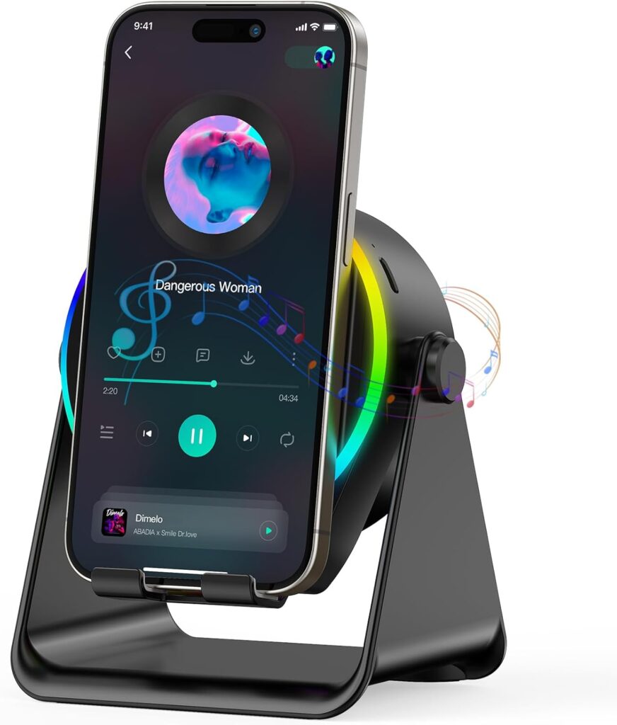 Wireless Induction Speaker- 4 in1 Bluetooth Speaker Phone Stand with Colorful Ambient Light 360° Rotation Compatible with iPhone Android iPad Samsung Galaxy- Unique Birthday Gift for Men Women Adults