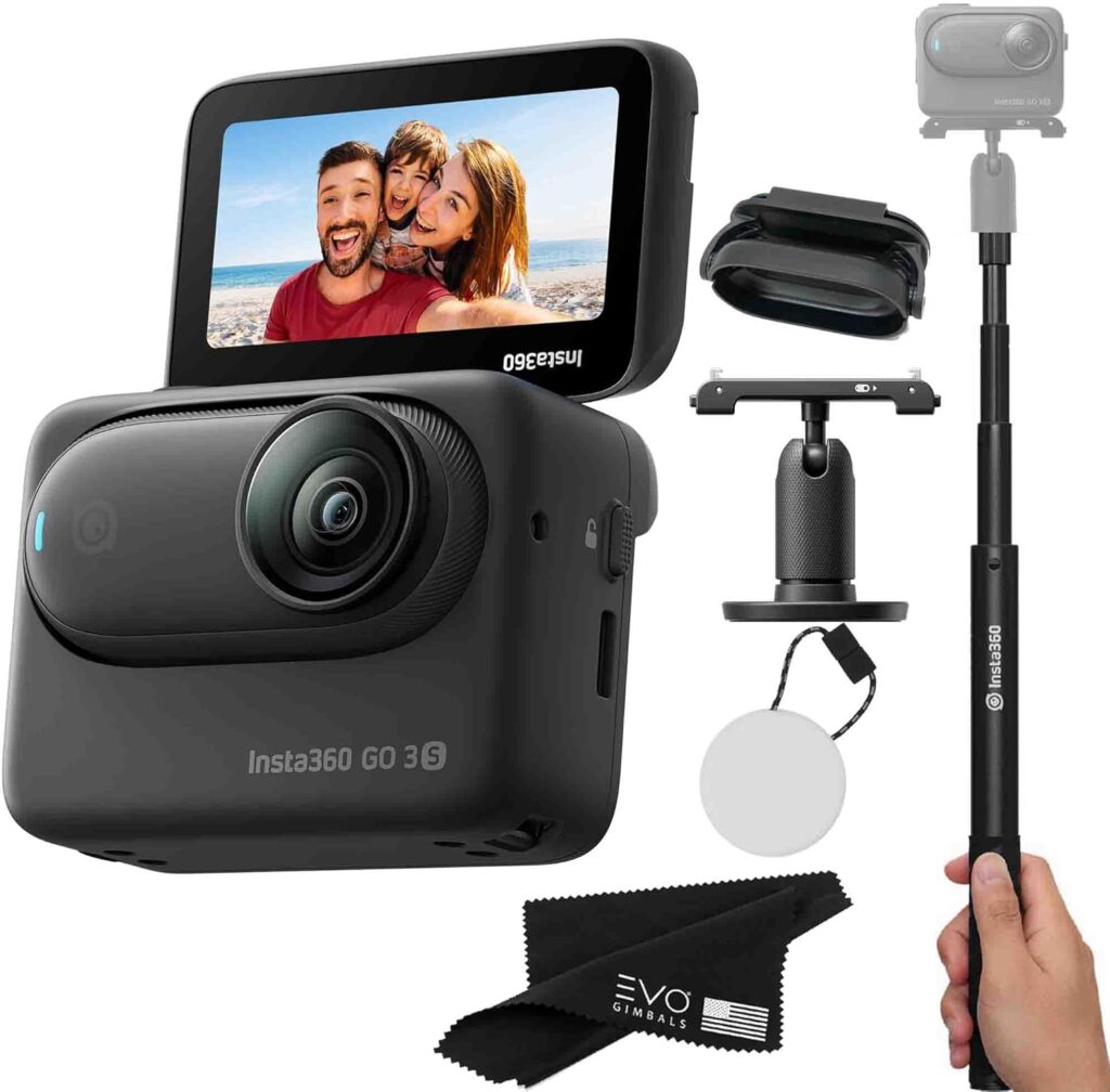 Insta360 GO 3S 128GB – Waterproof Tiny Mighty Action Camera with 4K 3840×2160 Video & 4000×3000 Photo, FlowState Stabilization, AI Editing, Action Pod| (128GB Black+Selfie Stick)