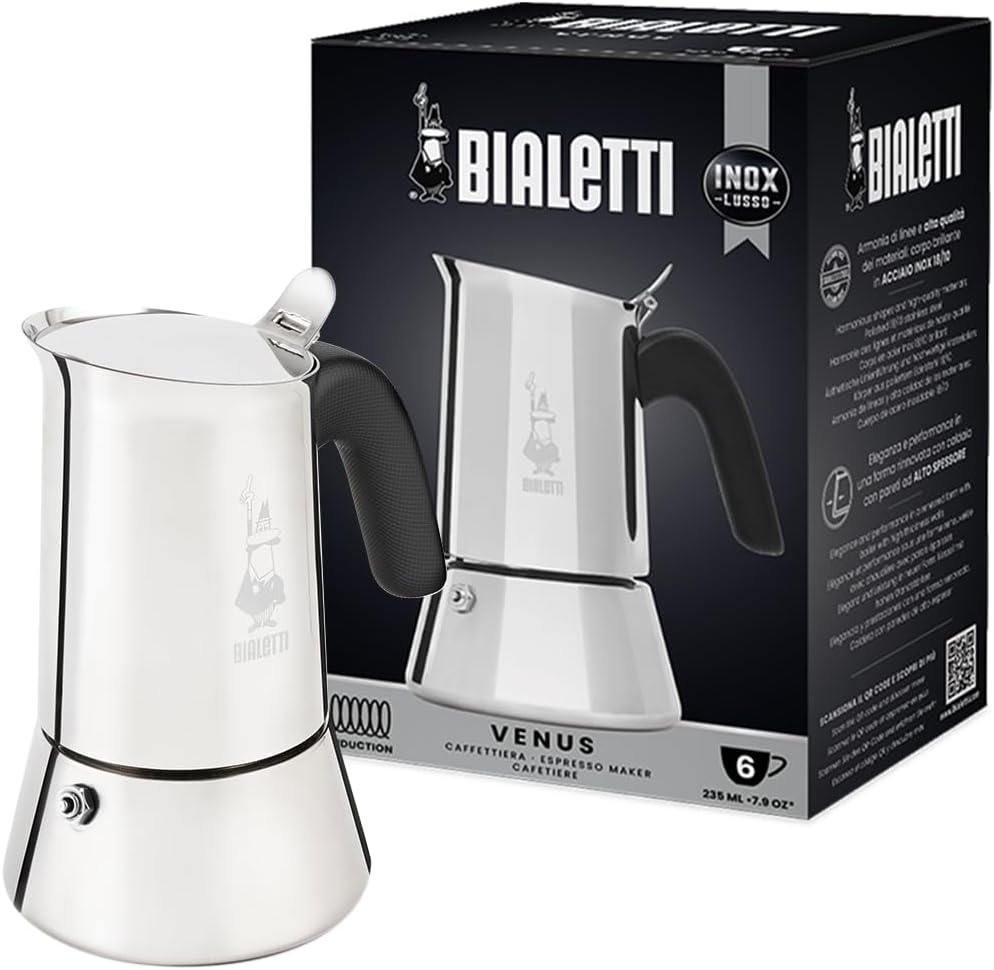 Bialetti – New Venus Induction, Stovetop Coffee Maker, Suitable for all Types of Hobs, Stainless Steel, 6 Cups (7.9 Oz), Silver