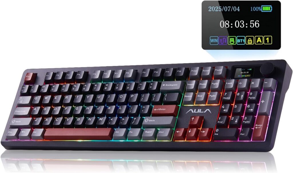 AULA F106 PRO Wireless Mechanical Keyboard, 104 Keys Gaming Keyboard with Knob & Screen, Tri-Mode RGB Hot Swappable Creamy Sounding Computer Keyboards for PC/Laptop/Windows – Black Red