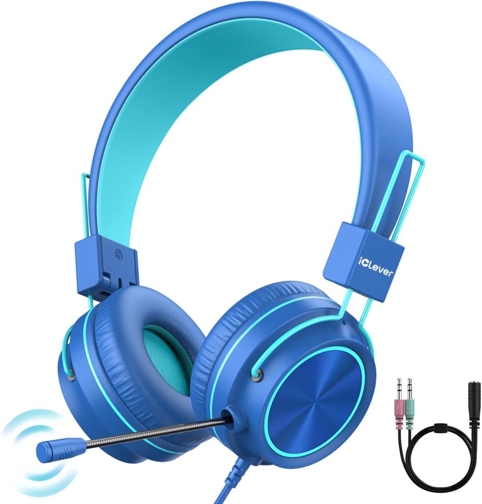 iClever HS21 Kids Headphones with Microphone for Virtual School- Rotatable Extendable Mic – 94 dB Volume-Safe Headphones for Kids, Wired Foldable Kid Gaming Headset for PS4/Xbox One/Switch/PC/Tablet