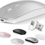 Mouse for MacBook Wireless Bluetooth Mouse Laptop MacBook Air Mac Pro Rechargeable Silent PC iPad Optical Mouse with Dual Mode Switch Bluetooth 5.2/3.0 and 2.4GHz USB Type-C Receiver Silvery